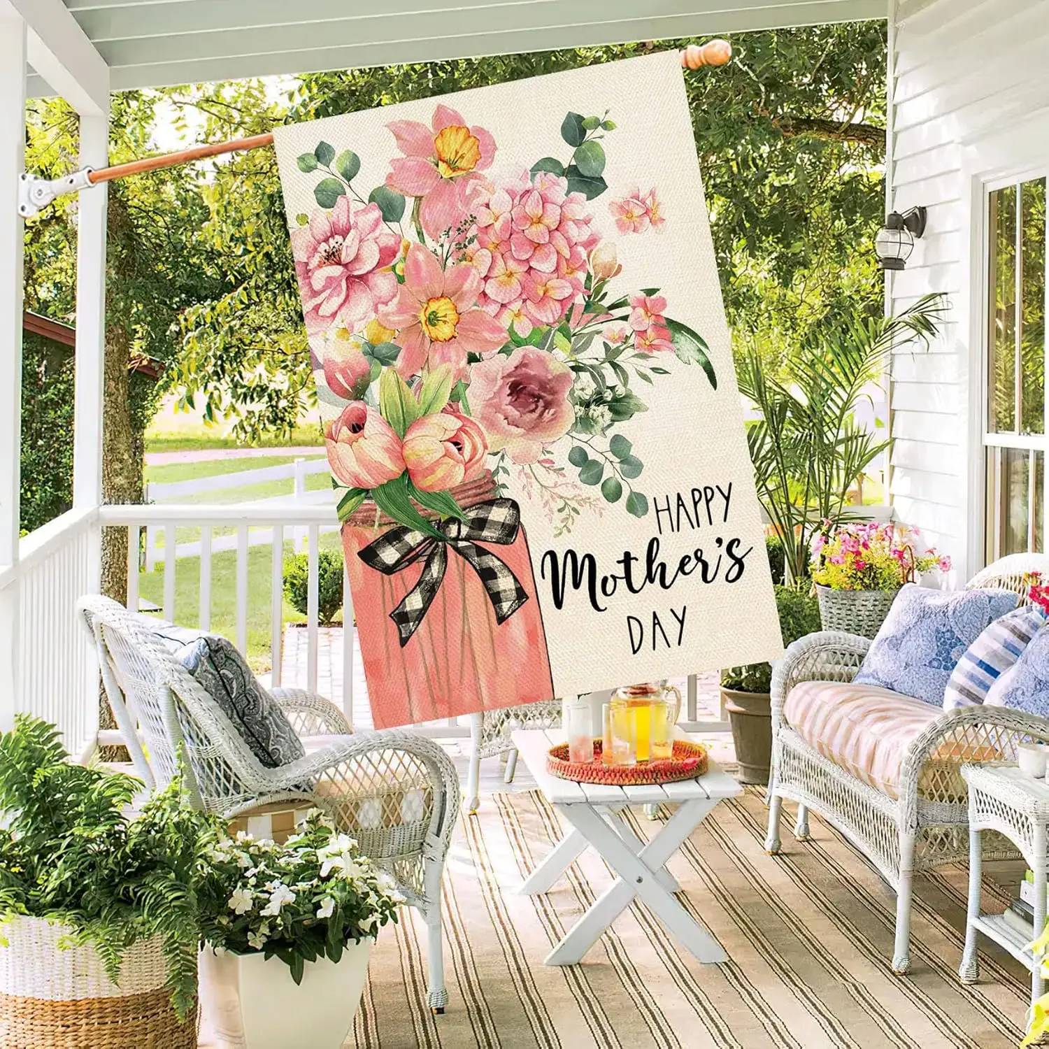 Baccessor Happy Mothers Day House Flag Double Sided Pink Floral Mason Jar Burlap Yard Welcome Flag House Holiday Farmhouse O EEZ