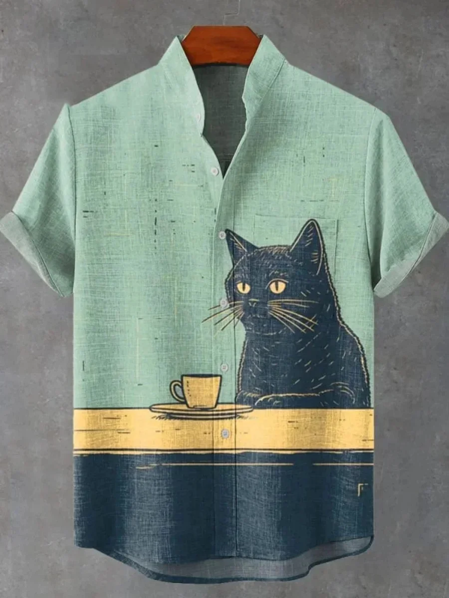 2025 Men's casual fashion new linen shirt art printed cartoon cat pattern shirt, fashion street casual comfortable men's top
