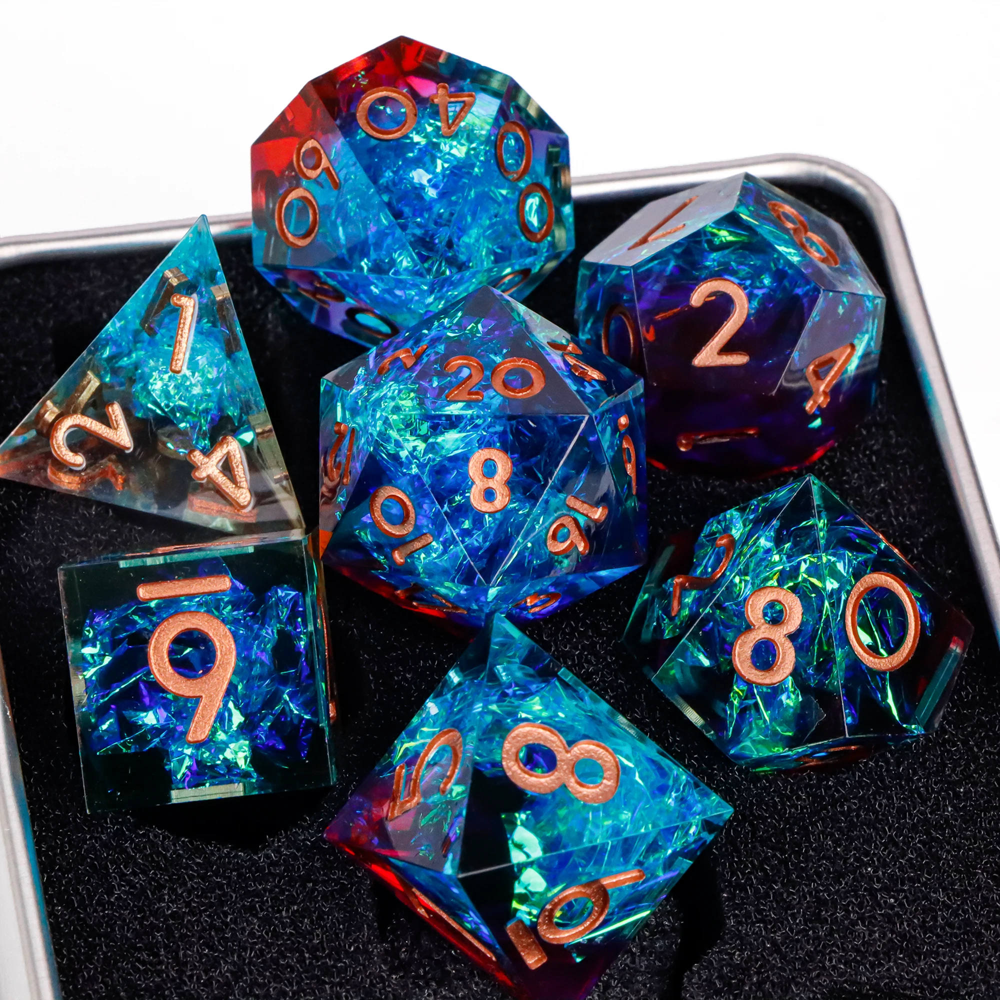 Blauwe hars D&D dobbelstenen set 7-delige polyhedrale dobbelstenen voor kerkers en draken, RPG dobbelstenen rollenspellen D4, D6, D8, D10, D12, D20 - afbeelding 1