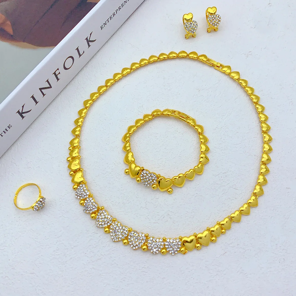 

ESALE Hot selling 24K gold-plated women's XOXO jewelry set Dubai bride necklace bracelet earring ring four piece set gift