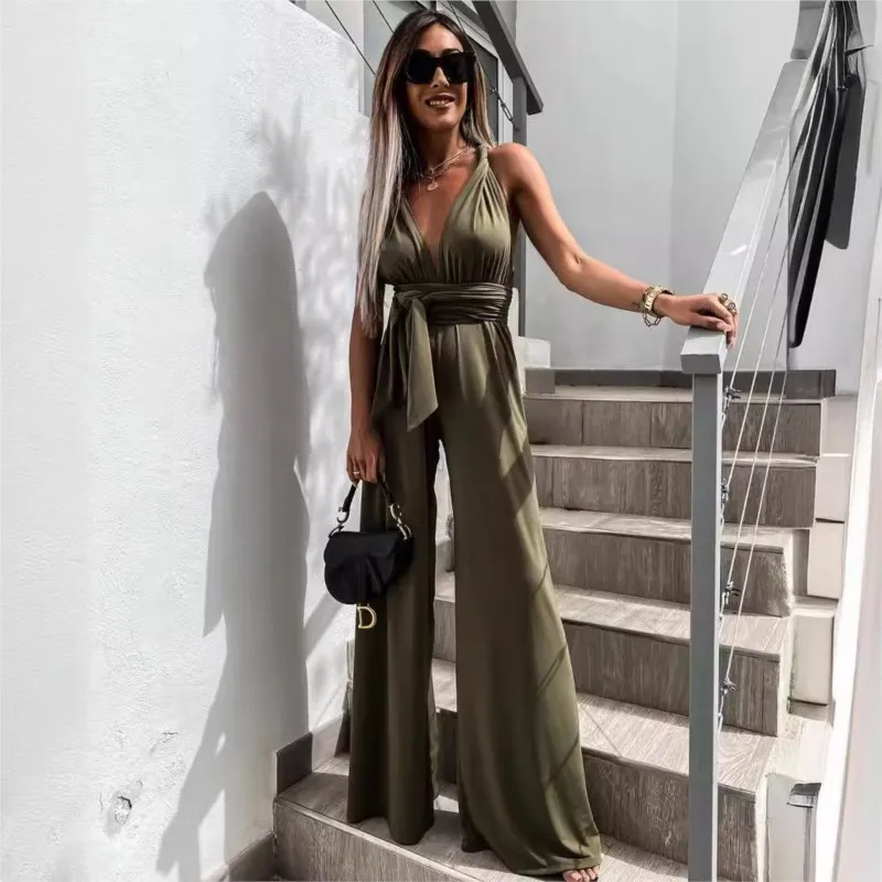 Sexy Diepe V-hals Backless Effen Kleur Mode Zomer Riem Vrouwen Jumpsuit Casual Mouwloze Losse Lange Broek Hoge Taille Jumpsuit