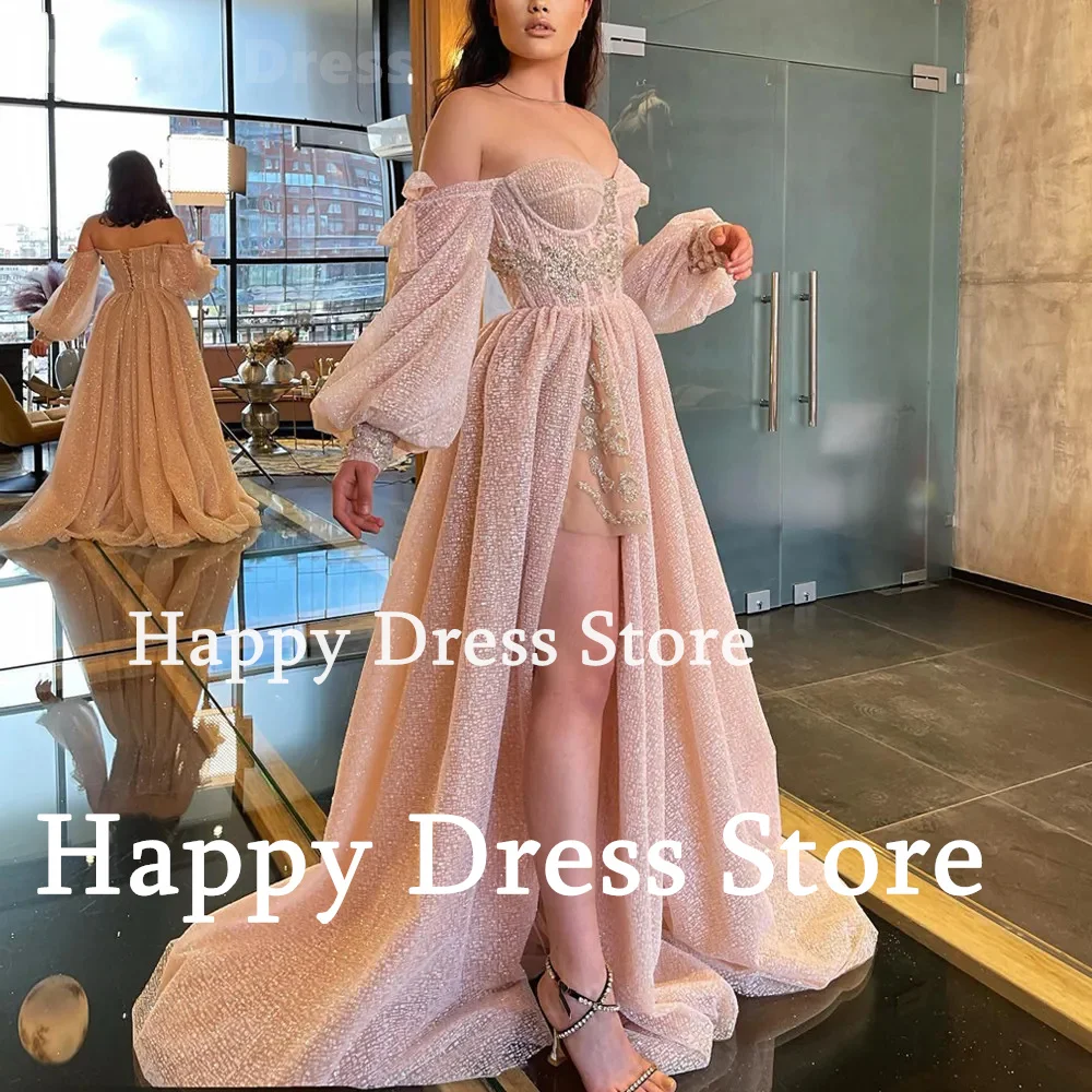 Simple Women Prom Dresses Sweethear Neck Off-Shoulder Long Sleeves Lace Appliques A-Line Floor-Length Side Split Evening Dress