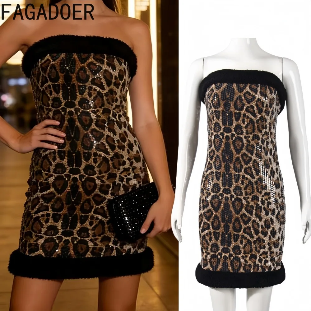 

FAGADOER Sexy Leopard Print Sequin Bodycon Dresses Women Sleeveless Backless Fur Patchwork Dress Female Streetwear Vestidos New