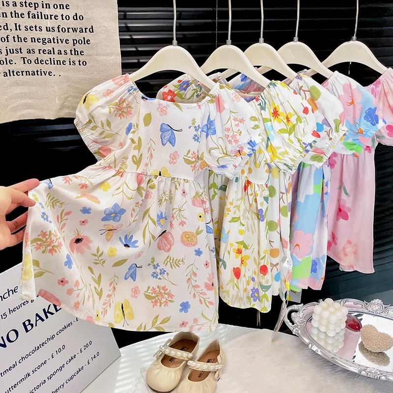 

Платье Bourette для девочек, летнее, с короткими рукавами, с цветочным принтом, юбка трапециевидной формы, детское платье принцессы в западном стиле с принтом