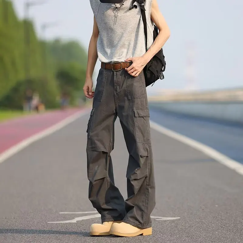 

American Style Vintage Pocket Design High Street Cargo Pants 2025 Men High Waist Thinness Spring Autumn New Wide Leg Long Pants