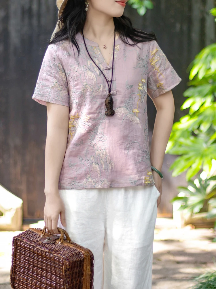 

Ele New Chinese Sle irt ort Sve Slim Fit Small V-Ne Embroidered Silk Women's Busin Casual Top