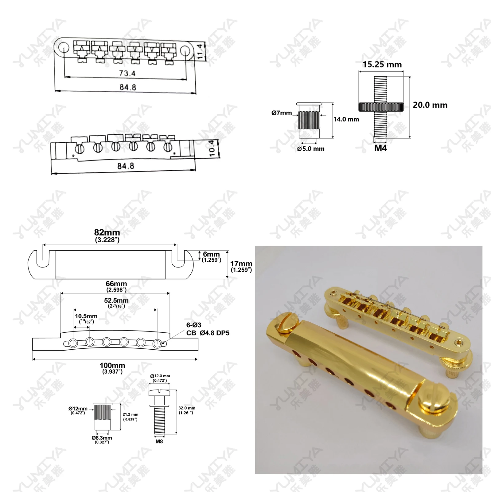 Guitar Fixed Saddle Bridge Tailpiece Tune-O-Matic 1 Set Gold for ABR-1 LP SG Electric guitars Replacement parts