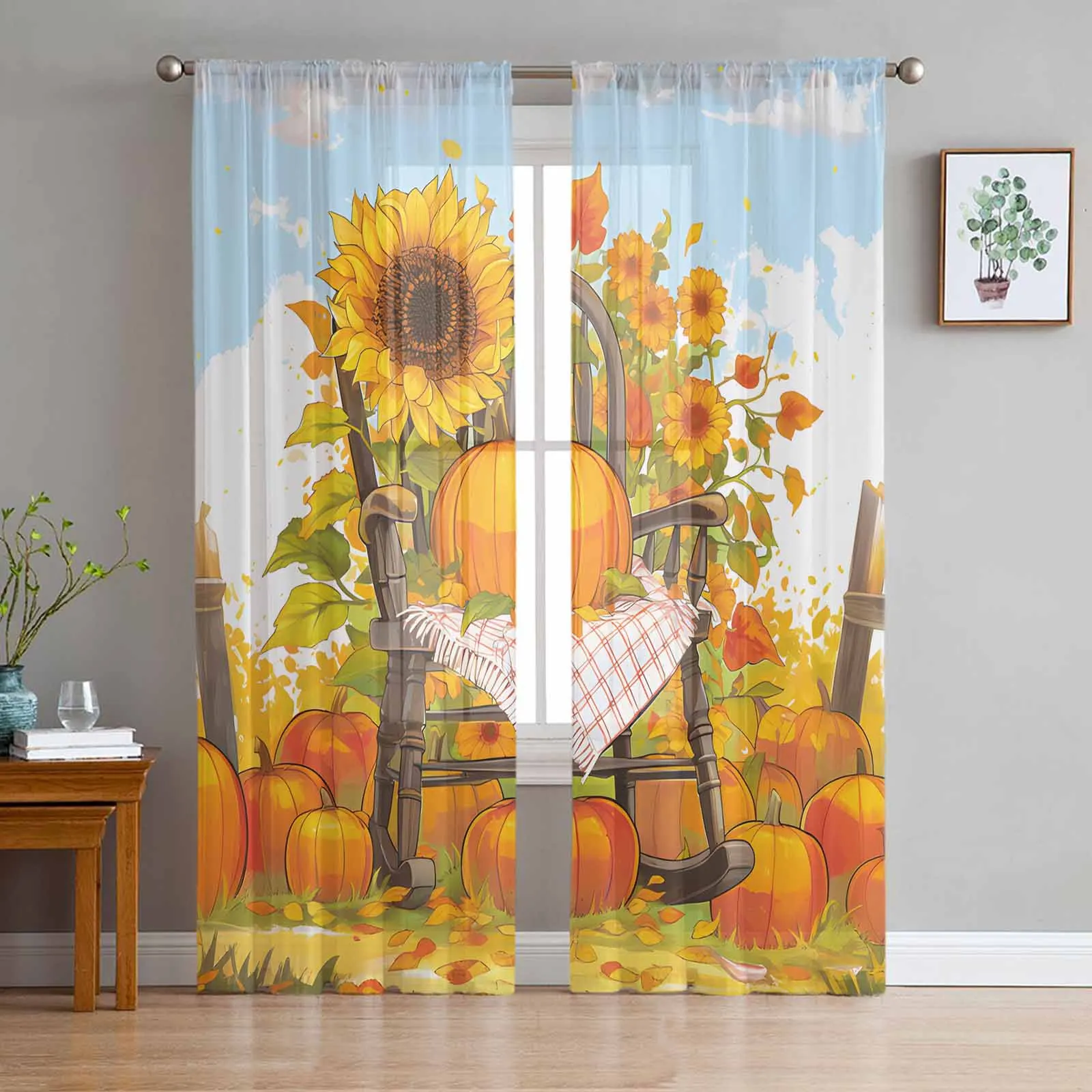 Autumn Retro Pumpkin Rocking Chair Sunflower Sheer Curtains for Living Room Bedroom Window Treatment Kitchen Chiffon Curtain