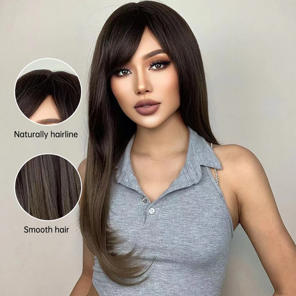 LOUIS FERRE Long Brown Straight Synthetic Wigs Ombre Brown Layered Wig with Bangs for Women Daily Natural looking Heat Resistant