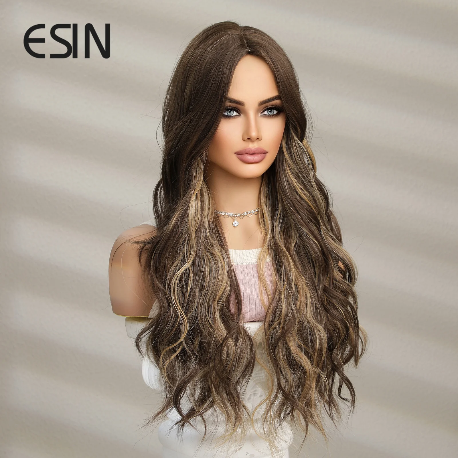 ESIN-Peluca de cabello sintético para mujer, pelo largo con ondas al agua, degradado, Rubio mezclado, marrón, parte media, fiesta Natural, resistente al calor