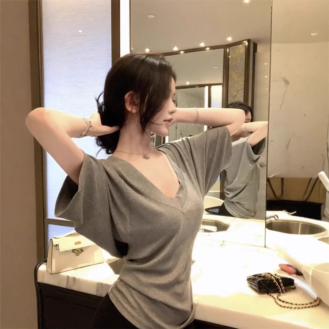 Slim Fit Short Sleeve T-Shirt Women's Summer Waist-Cinching Design Batwing Sleeve V-Neck Thin Style Gray Top Hot Girl Style