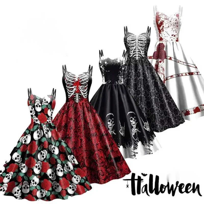 할로윈 해골 드레스 고스 코스프레 여성 Y2K 멋진 로즈 프린트 카니발 파티 드레스 마녀 공포 의상 로커빌리 드레스