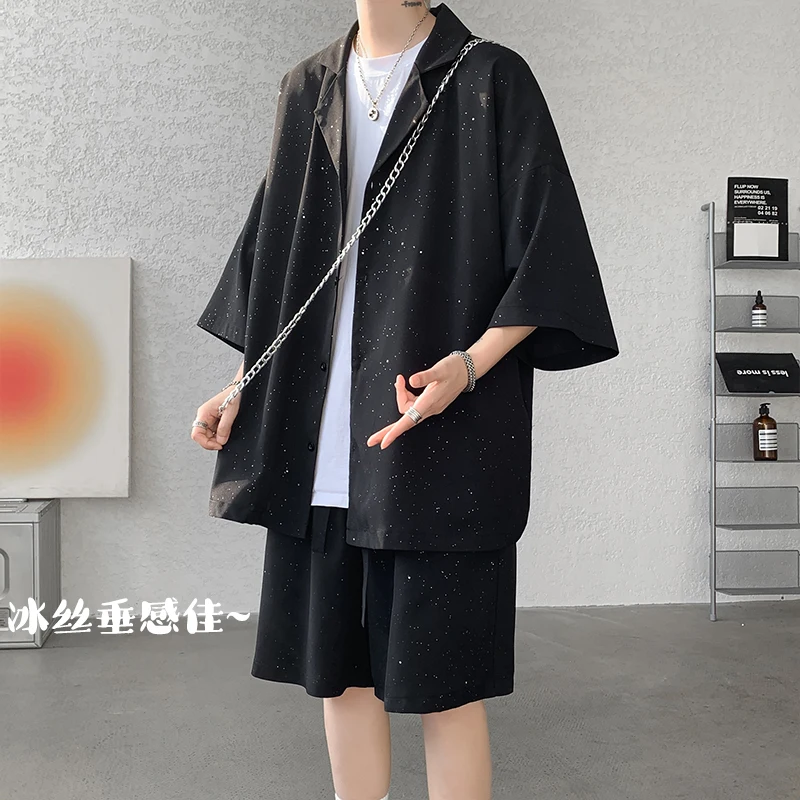 

Ice Silk Casual Shiny Clothes For Men 2 Piece Set High Quality Shirt and Shorts Set Men Fashion Black Loose Outfits Summer