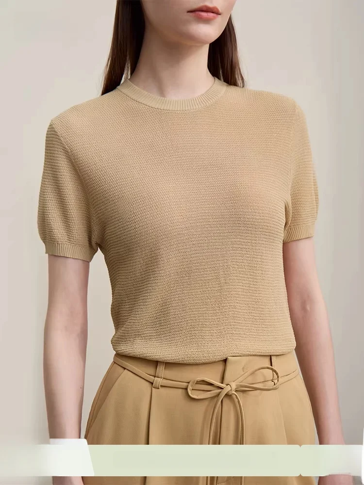 

Summer New Sle Commute round Ne ort Sve Knitted Sweater Women's Curved Bead Top i Nylon Blend Comfortable Fit