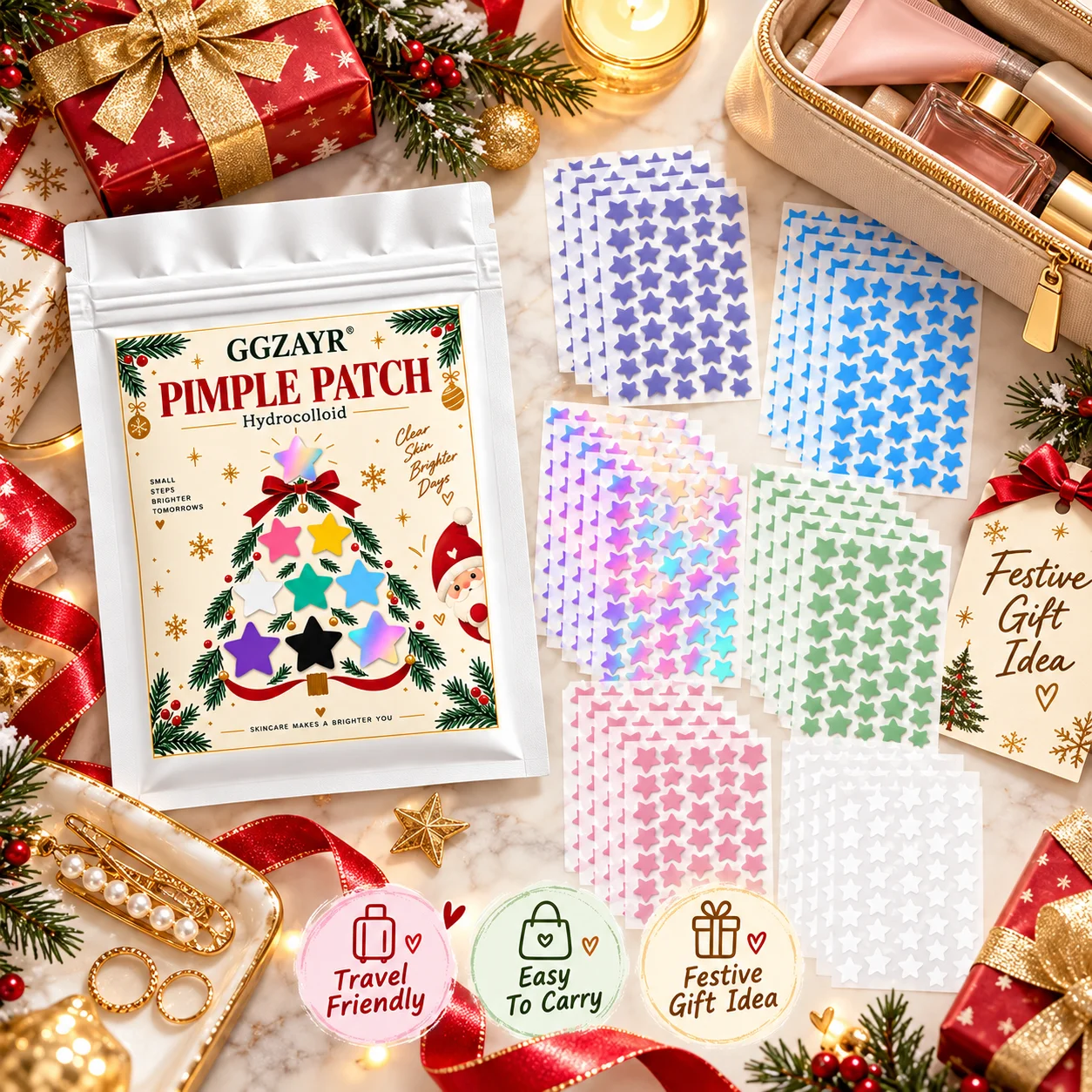 240/960/1200PCS Christmas Star Pimple Patch Stickers, Hydrocolloid Color Mix Shape Patches, Cute Beauty Accessories Holiday Gift