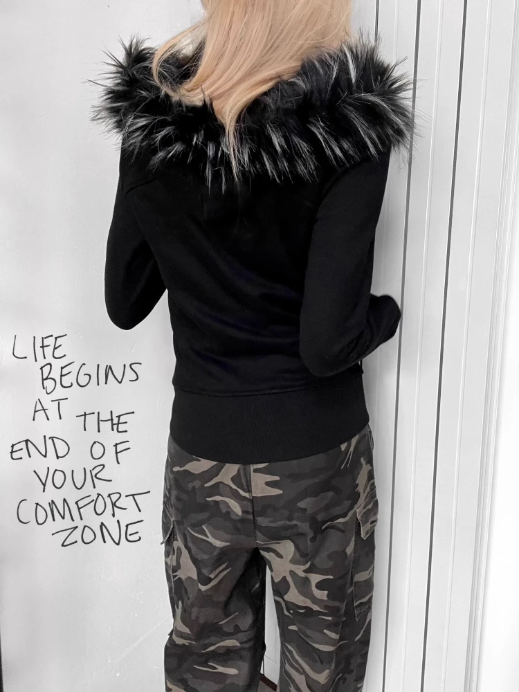 الأمريكية الرجعية الفراء المرقعة الجرونج هوديس المرأة خمر القوطية طباعة مقنعين زمم بلوزات Harajuku الجمالية Y2k سترة #6