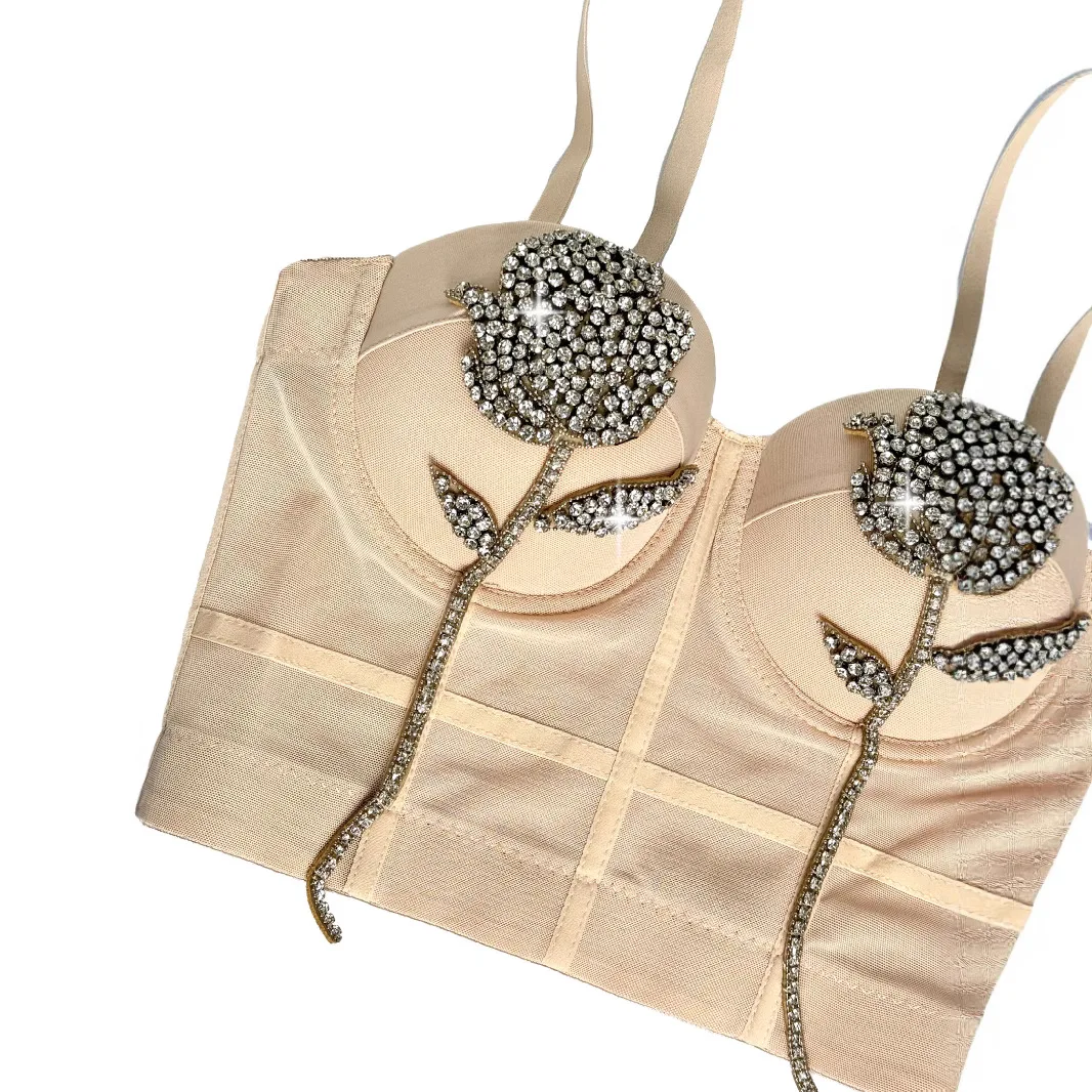 グリッターローズクリスタル刺繍入りボーン入りビスチェトップ - 女性用セクシーなレースアップコルセットベスト、パーティーウェアプッシュアップブラ