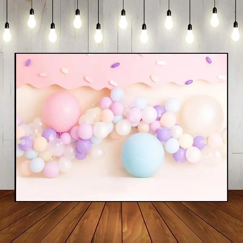 Photography Banner Boy Girl Happy 1th Birthday Balloon Party Backdrop Wall Baby Shower Decoration Custom Ice Cream Photo Newborn