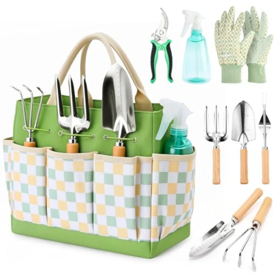 Gardening Tool Set, 9-Piece Heavy Duty with Durable Tote Bag, Ergonomic Rust-Resistant Garden Tools, Ideal Gardening Kit Gifts