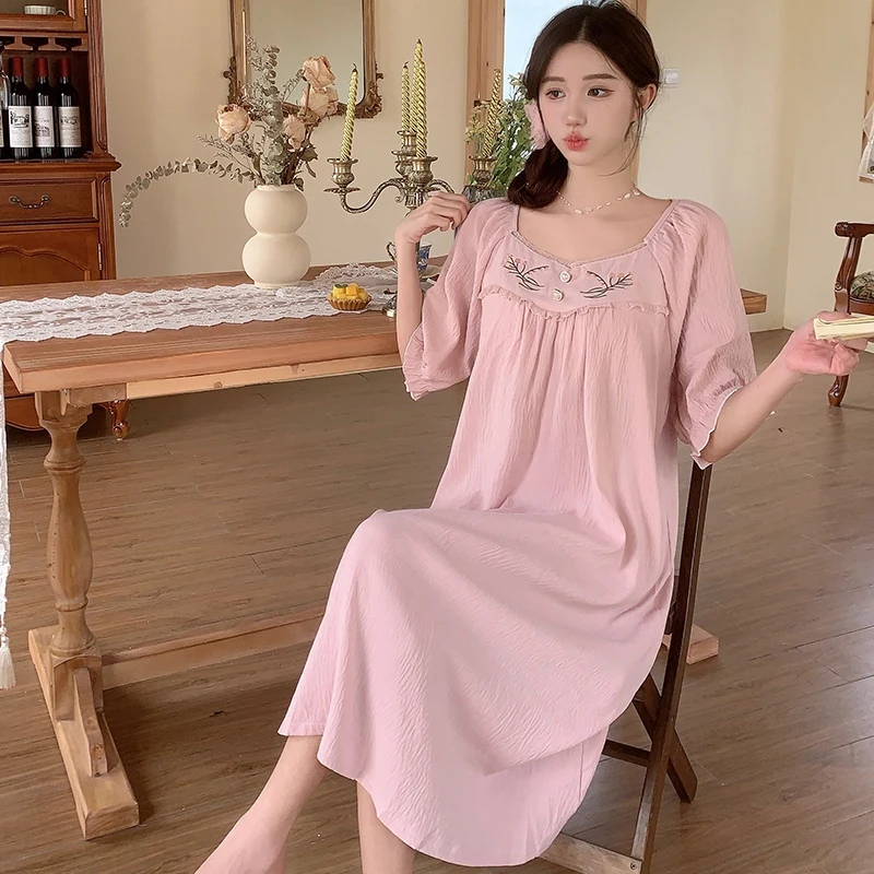 Summer Short Sleeve Cotton Long Dress Nightgowns for Women Korean Cute Lace Sleepwear Student Night Dress Nightdress Home Nighty