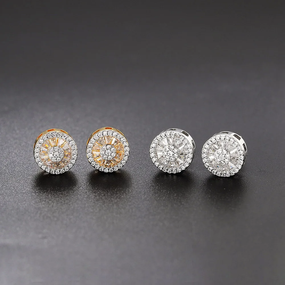 Round Crystal Stud Earrings for Women Gold Color Cubic Zirconia Hip Hop Earring Mens Jewelry Bulk Items Wholesale Lots OHE123