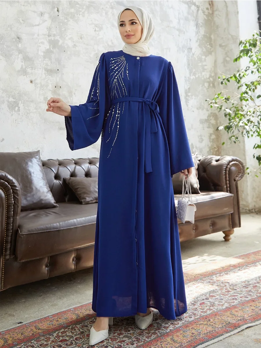 Eid Muslim Party Dress for Women Ramadan Diamond Abaya Long Dress Belt Morocco Kaftan Vestidos Largos Dubai Robe Jalabiya 2024