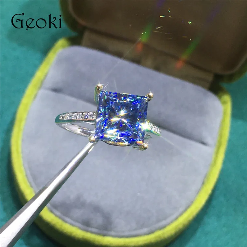 Silver 925 Original 3 Carat Brilliant Cut Diamond Test Past Shiny Square Blue Moissanite Weddng Ring Princess Saphire Jewelry