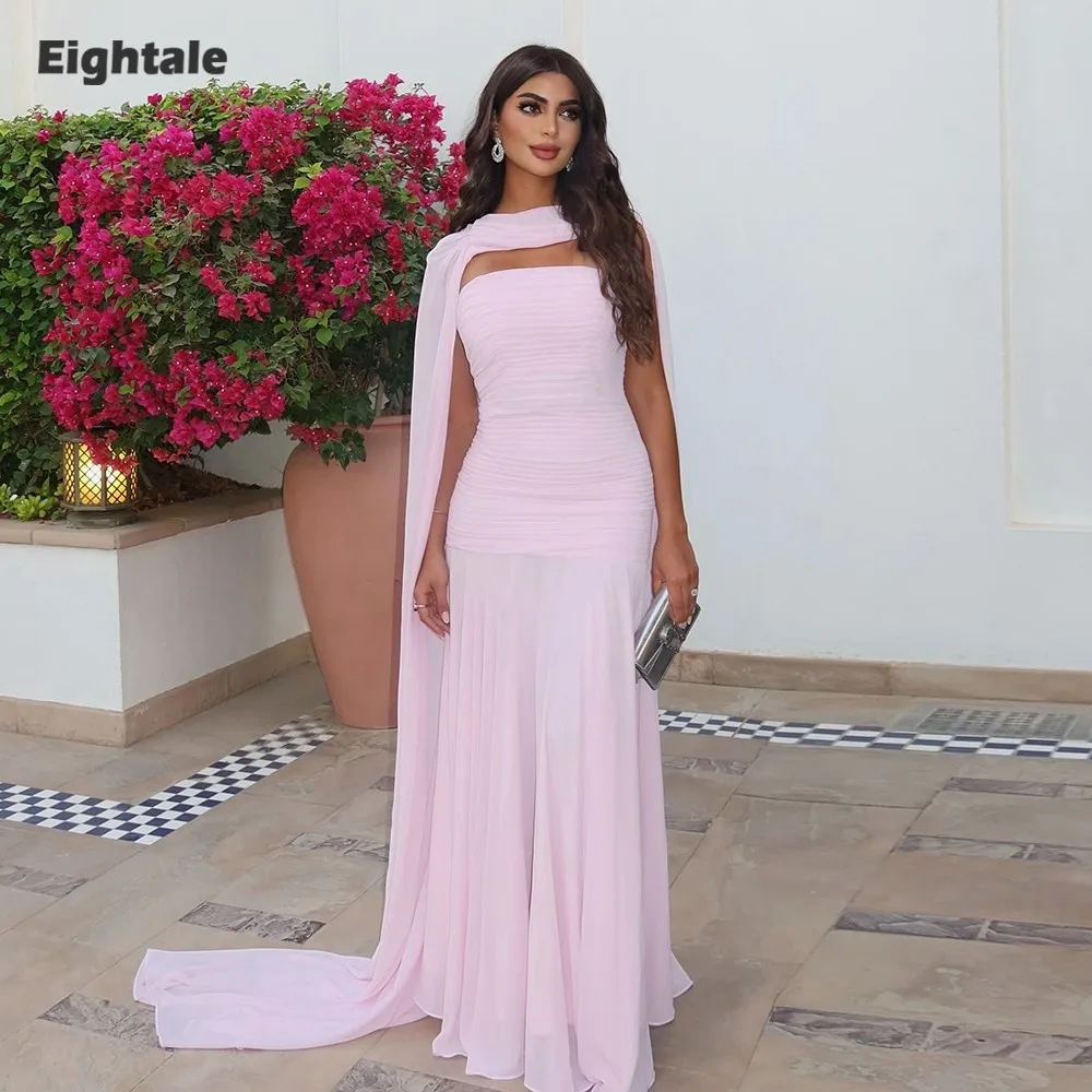 

Eightale Arabic Evening Dress Strapless Customized Chiffon Pleats Pink Floor Length Mermaid Prom Wedding Party Gown