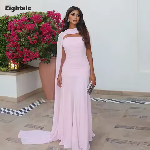Eightale Arabic Evening Dress Strapless Customized Chiffon Pleats Pink Floor Length Mermaid Prom Wedding Party Gown