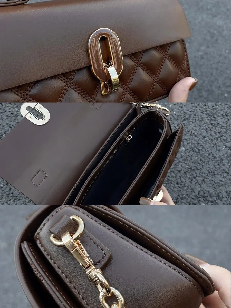 2022 New Autumn/Winter Brown Bag Women's Fashion Lingge Handbag Sense Commuter Work One Shoulder Crossbody Bag