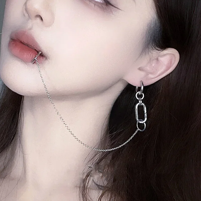 Anting klip bibir tindik palsu Anime NANA Okazaki Shinichi rantai Cosplay Punk anting-anting terkait, cincin bibir berengsel aksesoris 1 Set