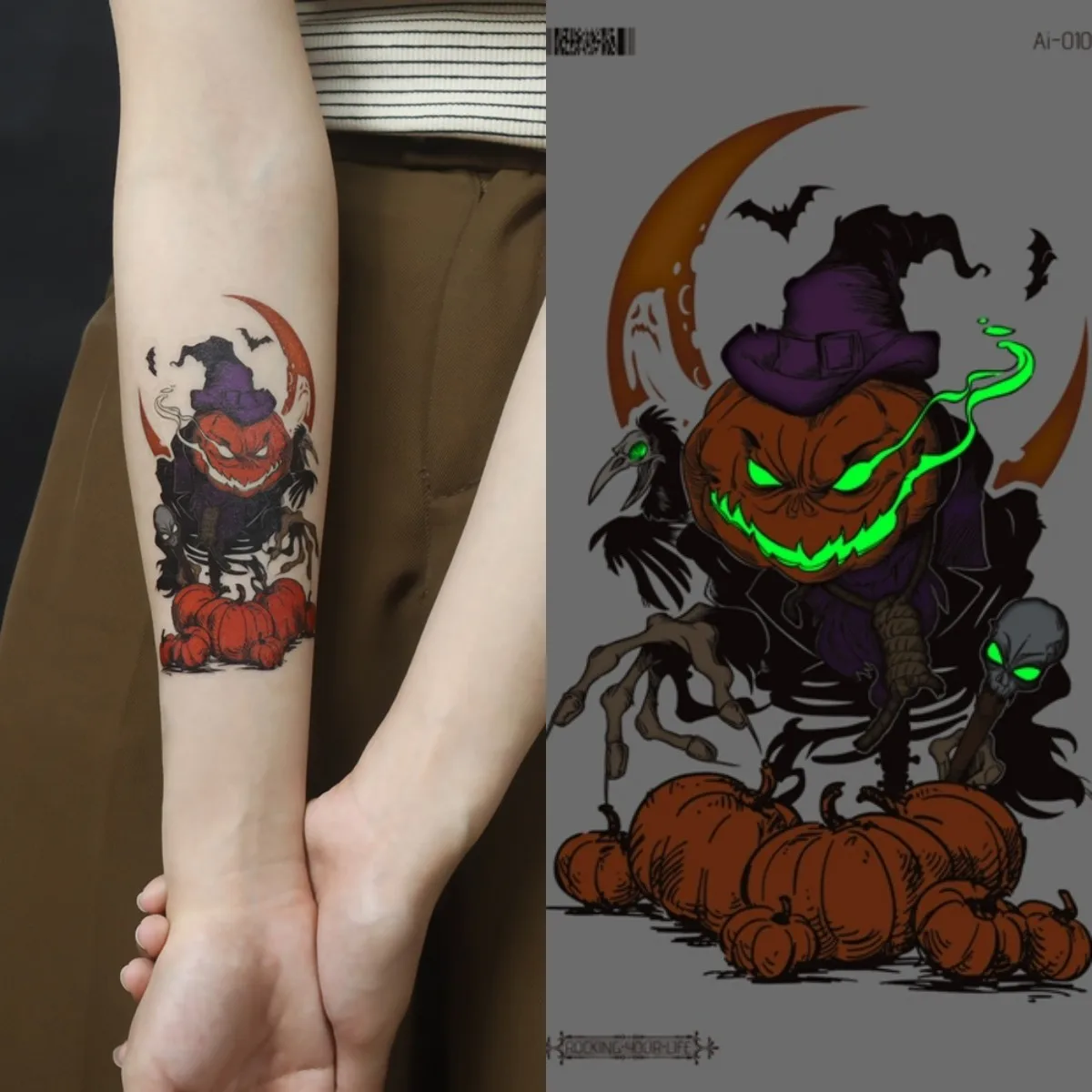 Big Size Luminous Halloween Tattoo Face Arm Hand Pumpkin Head Ghost Waterproof Temporary Tattoos Glowing Men Women Fake Stickers