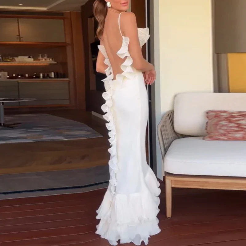 Vestido Sexy sin espalda de cintura alta, corte en A, diseño de borde de hoja de loto, vestido largo ajustado para mujer, nuevo vestido de fiesta liso sin mangas hueco 2025