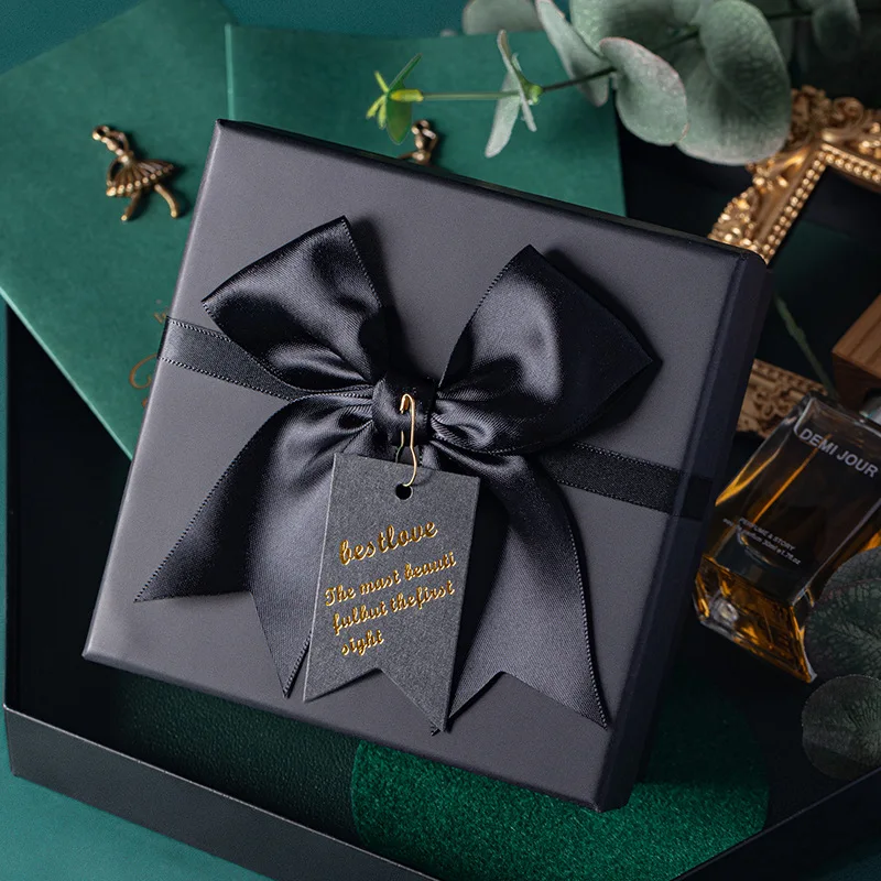 Paper Carton Gift Box Black Rectangular Bow Ribbon Gift Box Large Exquisite Packaging Box with Cover