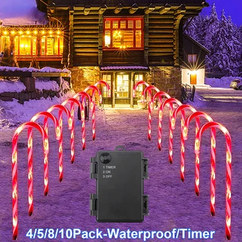 Luces de bastón de caramelo de Navidad, marcadores de camino al aire libre con estacas, impermeable, temporizador, pasarela, decoración navideña, luces de caramelo para Patio