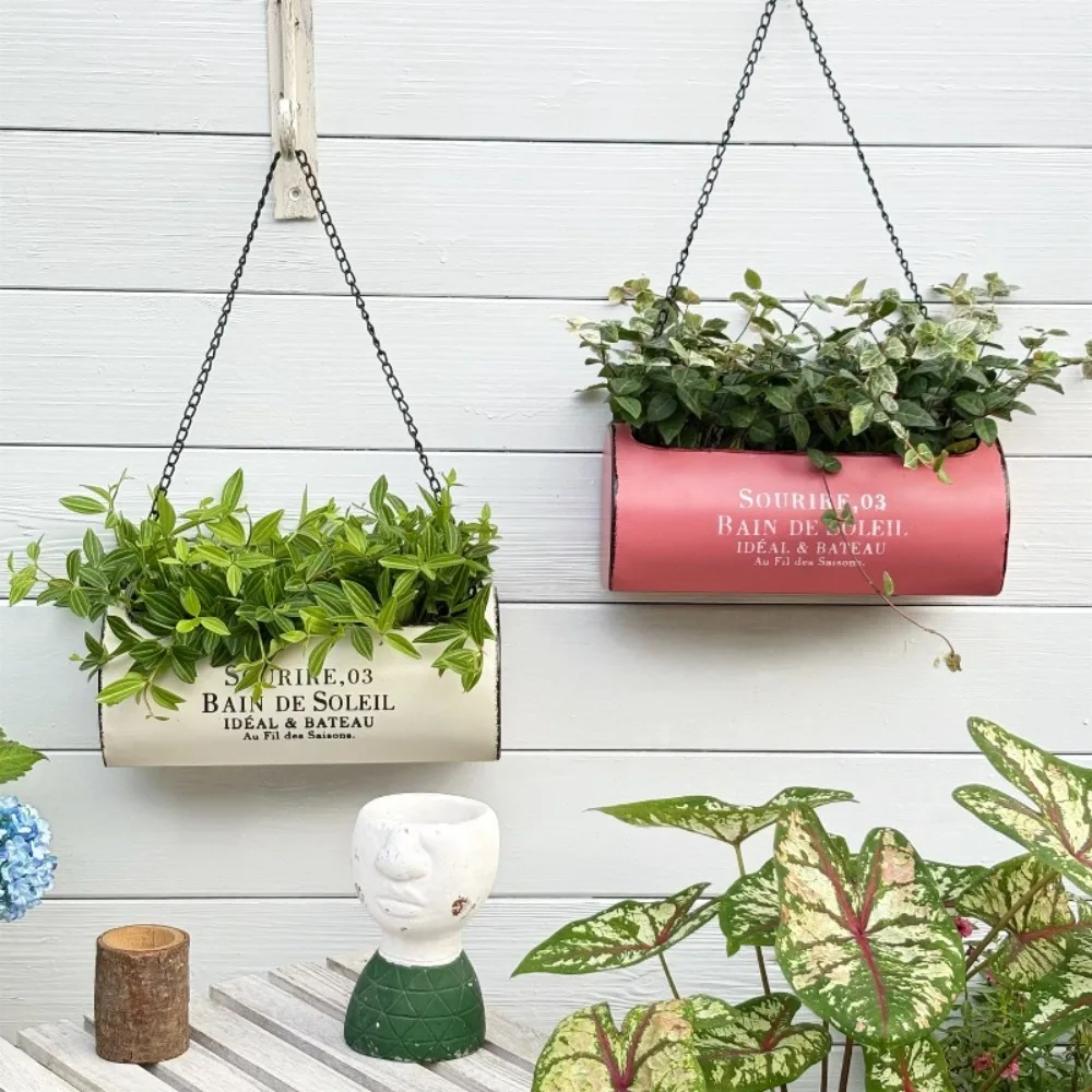 Vintage Metal Hanging Planter Chain Retro Cylindrical Iron Flower Pot Balcony Garden Decor Decorative Wall Mount Plant Holder