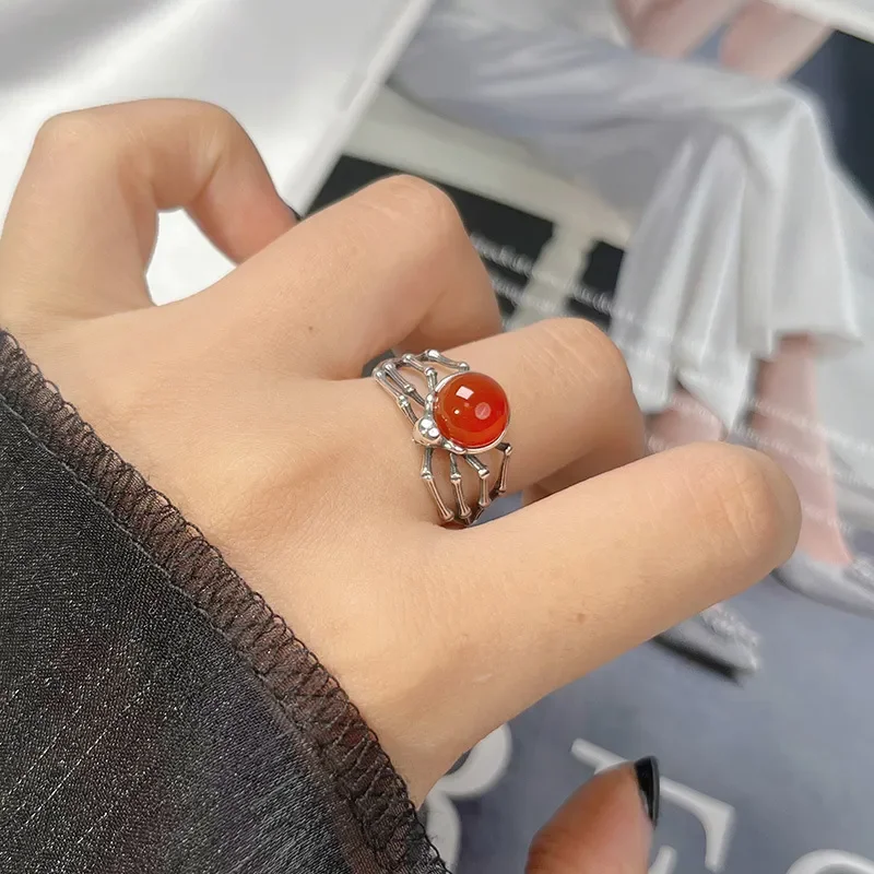 Natural gemstone blue gold jasper red corundum agate personalized retro skull ring S925 sterling silver index finger ring