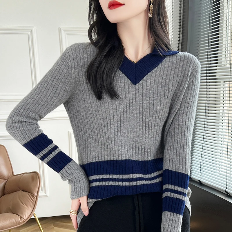 Autumn and Winter Temperament Striped Pure Wool Sweater Women's Long Sleeve Slim-Fit V-Neck Base Sweater All Knitted Pullover