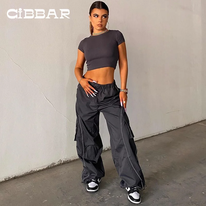 

CIBBAR Sporty Baggy Low Waisted Trousers Casual Patchwork Pockets Drawstring Cargo Pants Female Jogger Fashion Grey Sweatpants