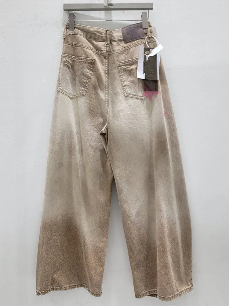 Summer Women Vintage Khaki Personality Pink Star Printed Jeans High Street Spliced Denim Pants Lady Casual High Waist Loose Fit