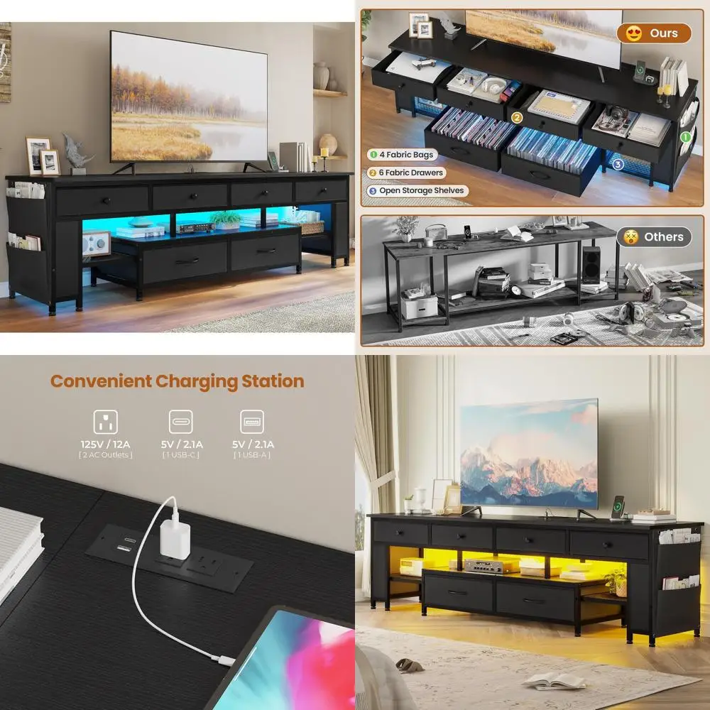 

Тумба под телевизор 65-75 дюймов с местом для хранения, развлекательный центр, 6 ящиков, 4 полки, черная