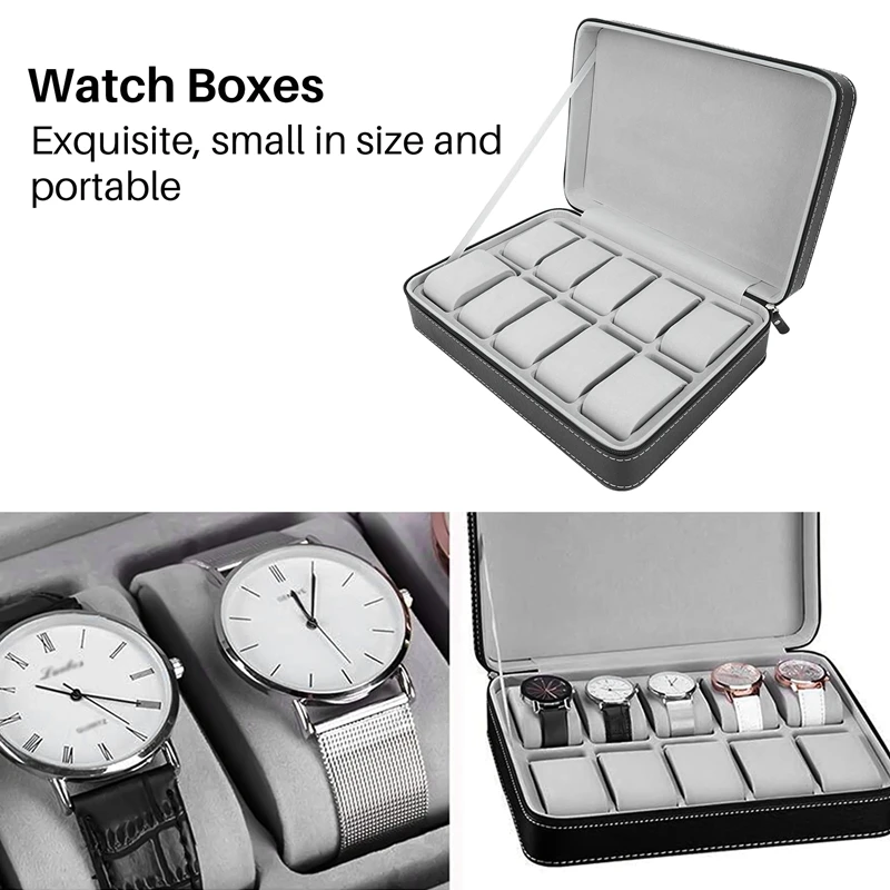 Portable Watch Box Organizer PU Leather Casket with Zipper Classic Style 10 Grids Multi-Functional Bracelet Display Case