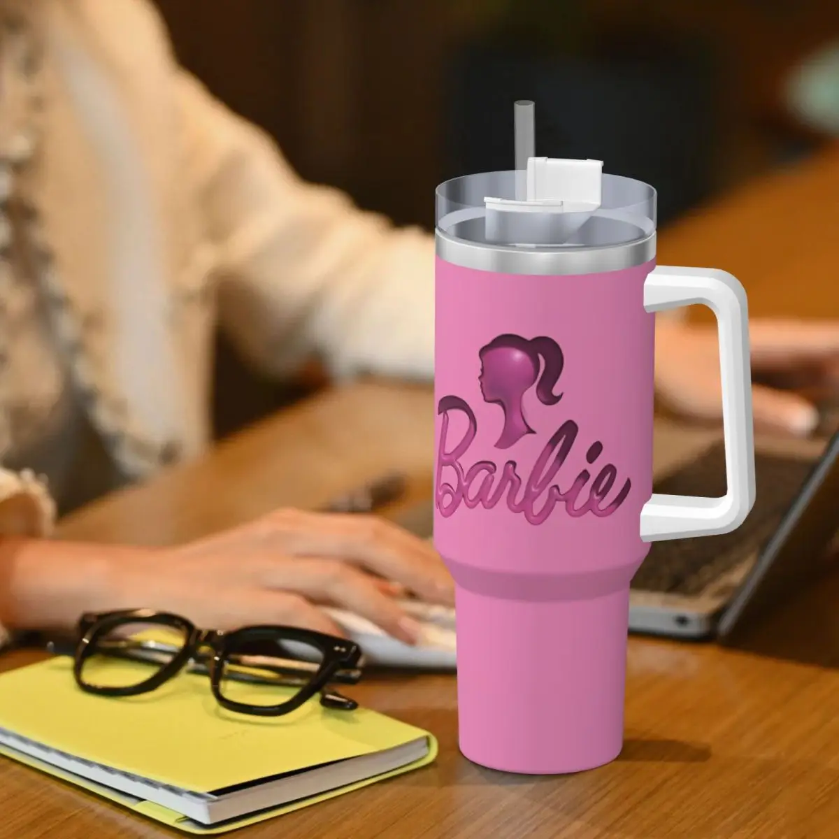 MINISO Barbie Logo Print Stainless Steel Tumbler Driving Thermal Cups With Straws and Lid Large Mugs Cup Hot Drinks Water Bottle