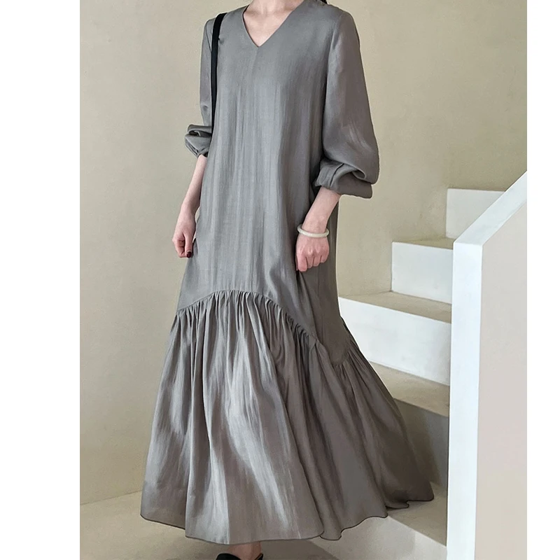 2024 New Arrival Women V-Neck Long Dress Loose Style Women Maxi Dress Sping Vestidos Clothes