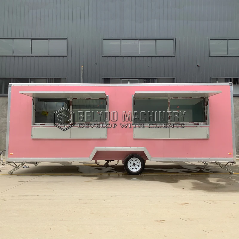 United State Food Truck with Full Kitchen Pink Concession Pizza Food Trailer with Porch Fully Equipped Custom Food Trailer