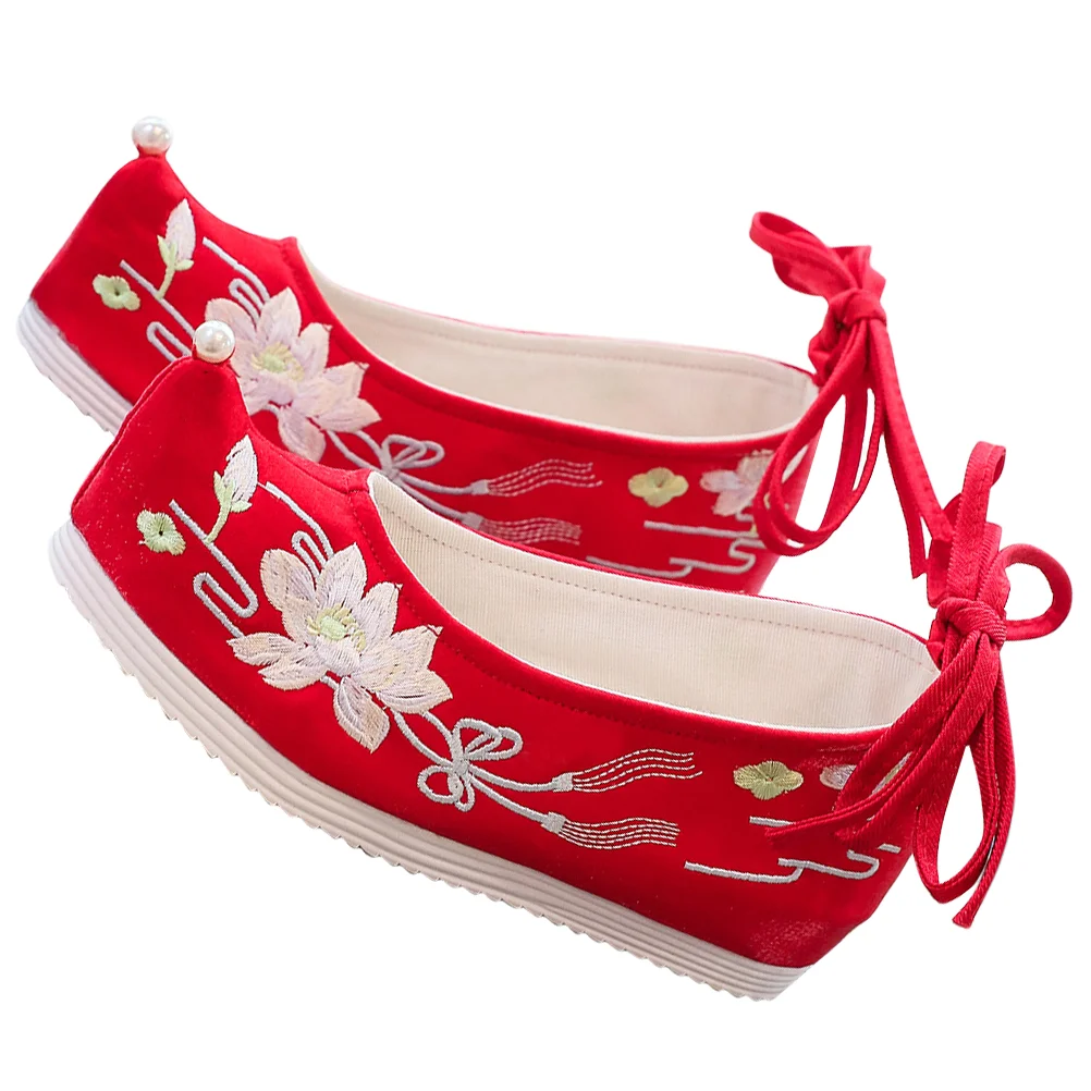 Dedo do pé levantado sapatos de pano bordado sandálias femininas hanfu salto alto antigo nupcial carne tendão estilo chinês noiva