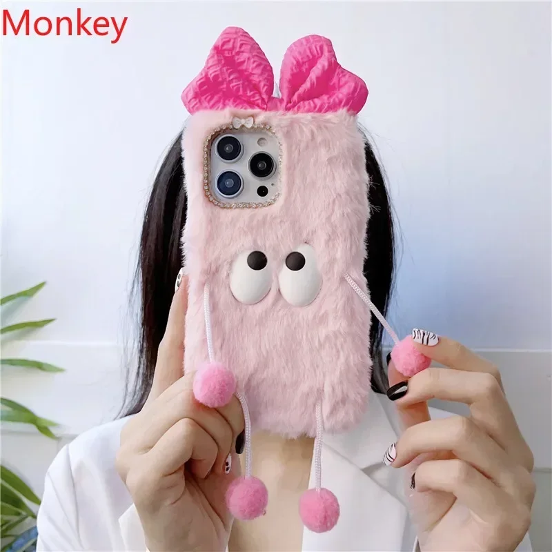 Plush Fur Cover Korea Pink Cute Cartoon 3D Bow Soft Case For VIVO Y100 Y22 Y78 Y36 Y35 Y38 Y28 Y27 Y20 Y18 Y17S Y16 Y15S Y03 Y02