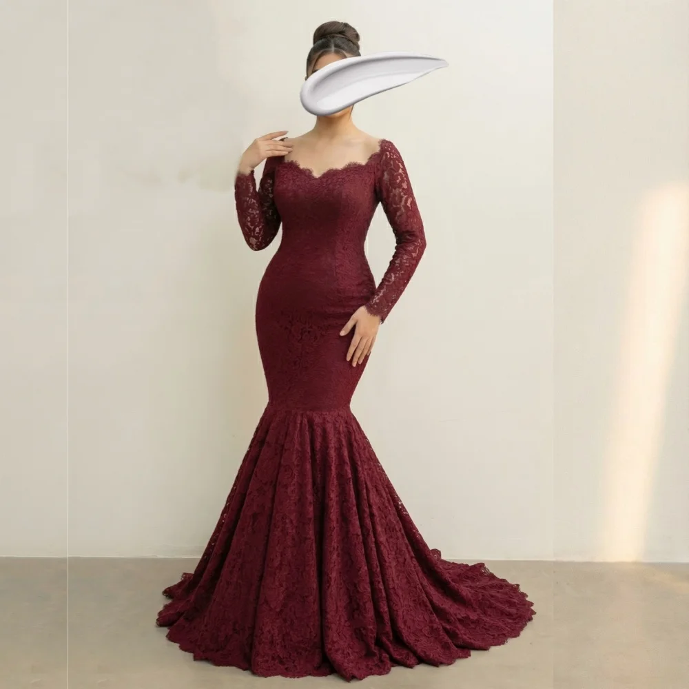 

Customized High Quality Wedding Party Dress Grace Pleat Lace Bespoke Occasion Long Sleeves Mermaid Floor-length