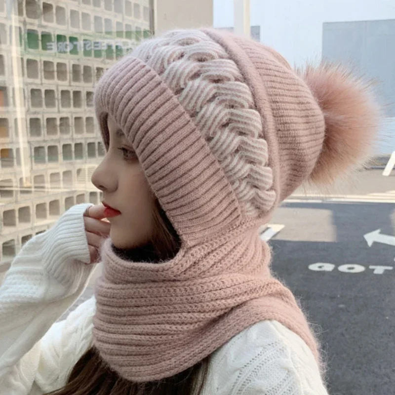 Winter Thick Warm Fleece Lined Beanies Scarf Cap Set Women Girl Pompom Knitted Wool Hood Skullcap Female Outdoor Ski Bonnet Hat