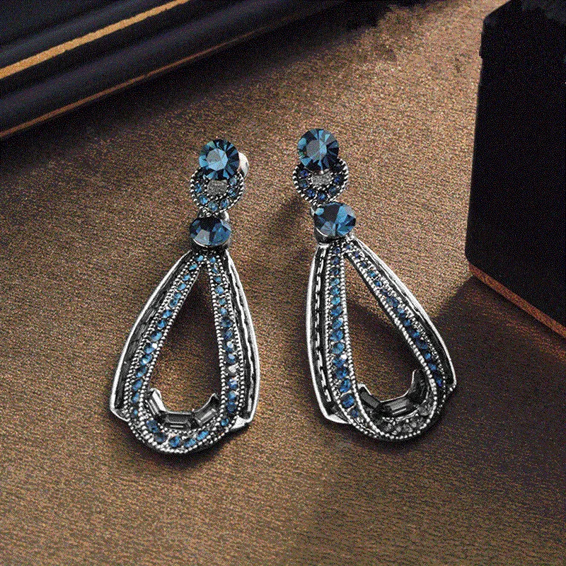 Vintage Teardrop Open Frame Blue Crystal Dangle Earrings for Women, Antique Silver Filigree Rhinestone Drop Earrings, Evening Party Formal Jewelry Gift